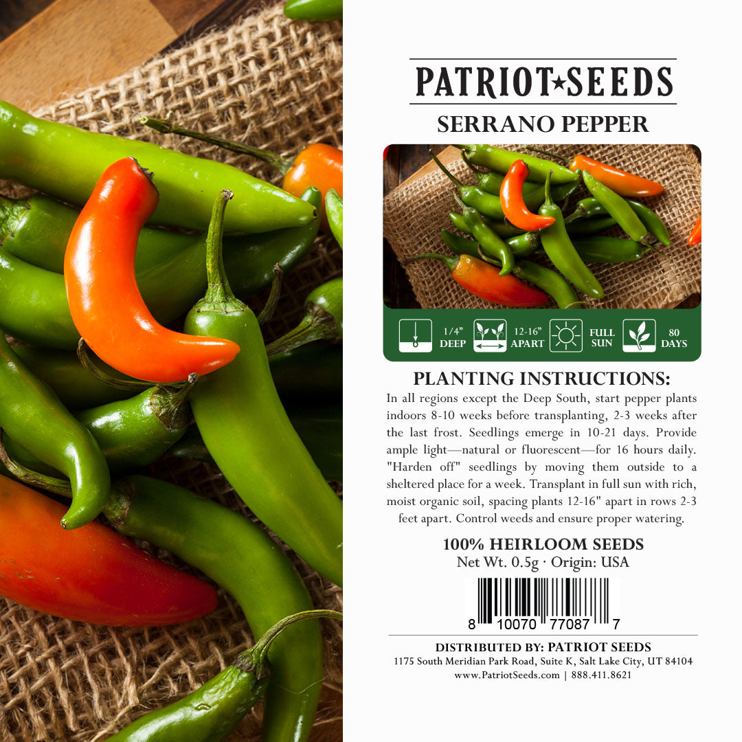 Heirloom Serrano Hot Pepper Seeds (.5g) by Patriot Seeds