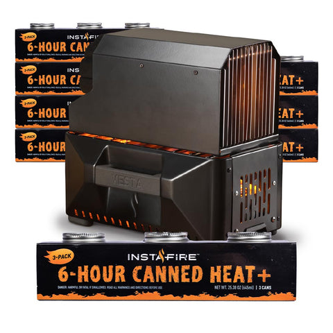 VESTA Self-Powered Indoor Space Heater & Stove PLUS Canned Heat & Cooking Fuel by InstaFire (Eight 3-packs, total 24 cans)